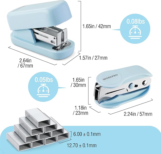 WORKPRO Mini Stapler with Staples, Blue Stapler Set Includes Two Small Staplers, One Staple Remover, 2000 Standard Staples, Lock Design, Non-Slip Base - Staplers for Desk, Classroom, Office