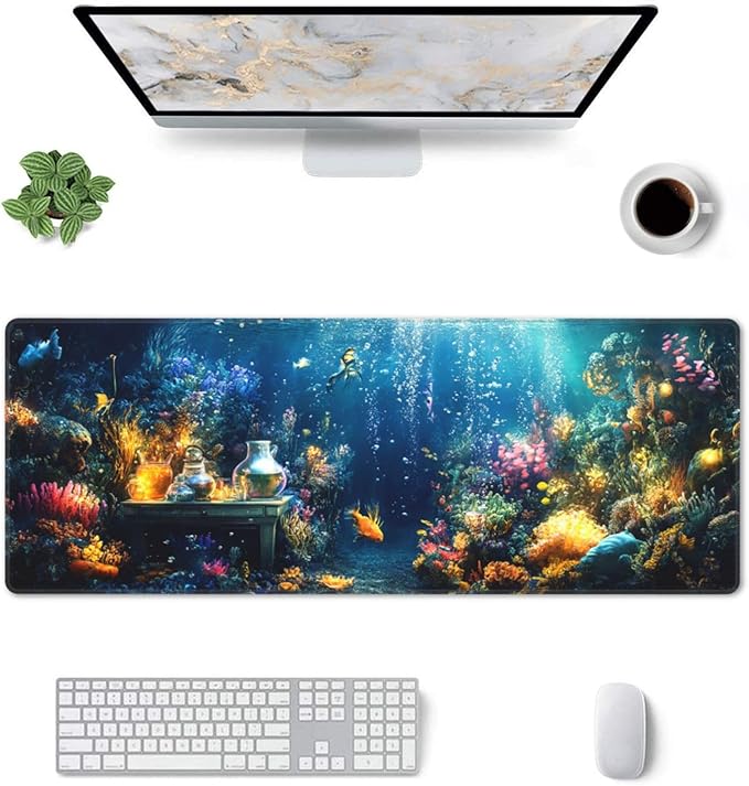 Underwater Mouse Pad 31.5 X 11.8 Inch Big Desk Rubber Base Stitched Edges Keyboard Pad XXL Mouse Mat for Home Game and Office