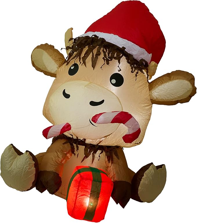 Alpine Corporation 41" Tall Inflatable Highland Cow Christmas Decor with Cool White LED Lights, 50 Lumen Outdoor Display