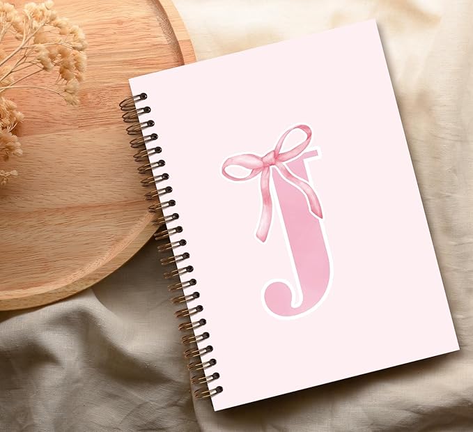 Coquette Trendy Preppy Pink Bow Spiral Notebook,Initial J Journal Personalized Teen Girl Gifts,Monogrammed Gifts for Women Teen Girl,College Ruled Hardcover Spiral Notebook 5.5 x 8.3