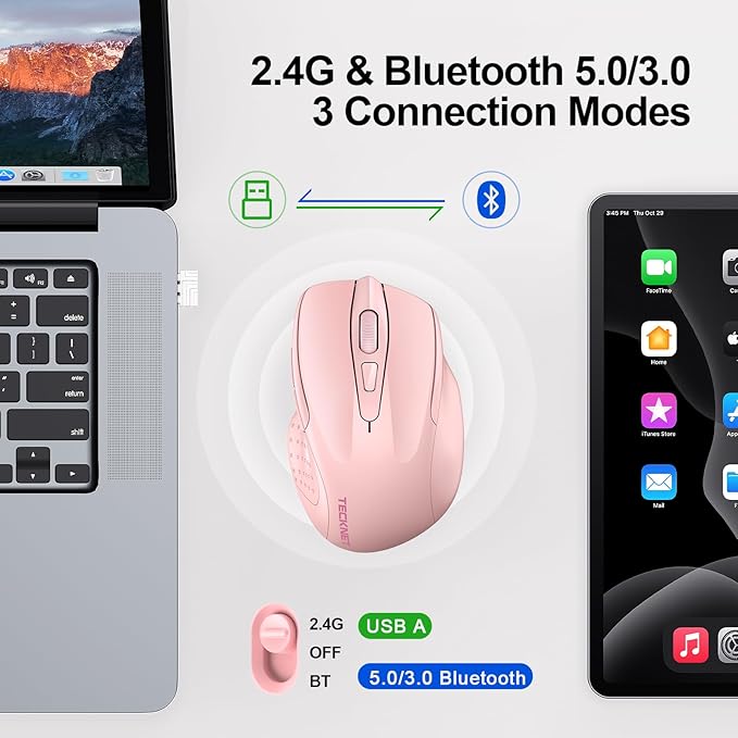 TECKNET Wireless Mouse (BT5.0/3.0 & 2.4G) Rechargeable 4800 DPI Silent USB A & Bluetooth Mouse 6 Buttons, Wide Compatibility - Pink