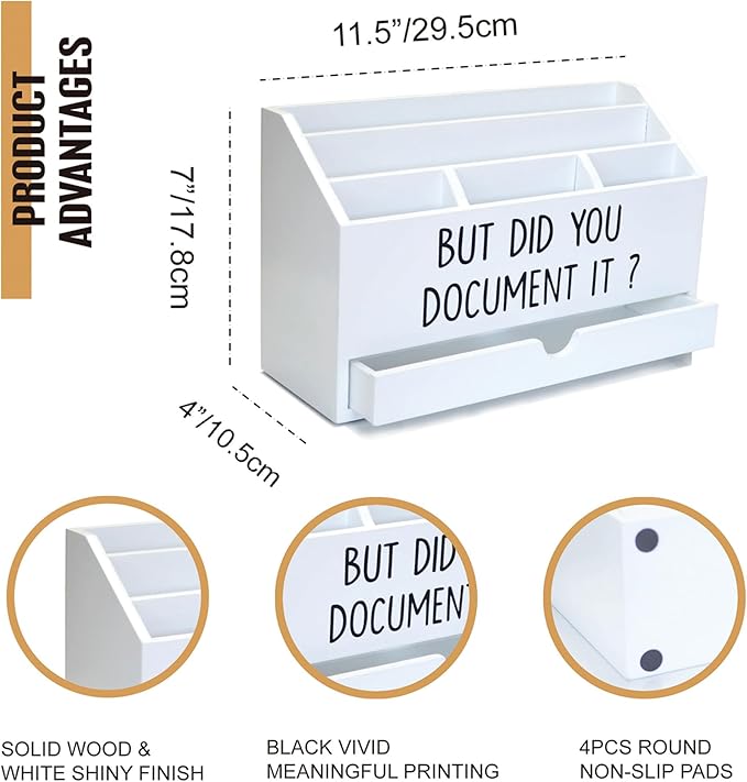 Wooden White Rustic Countertop Mail Storage Holder with Drawer and Compartments - Office Desk Accessories and Workspace Organizers - Desktop Sorter for Pen Stationery Letter Files Documents