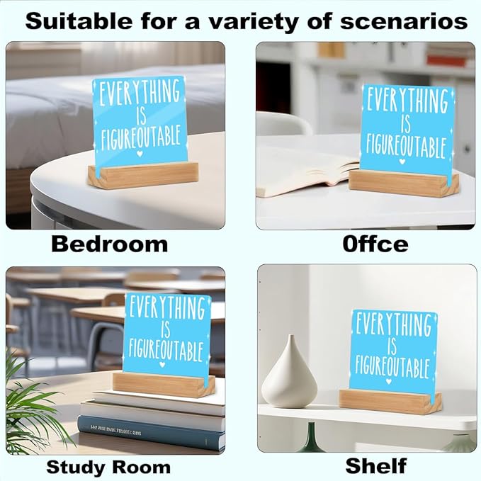Home Office Desk Decor, Inspirational Farmhouse Acrylic Sign With Wooden Stand Decor for Tabletop Cubicle Shelf Desk Accessories- Everything is Figureoutable Mental Health Cubicle Sign