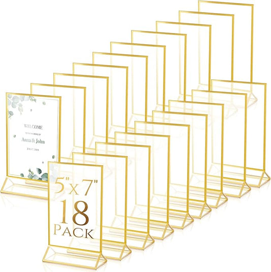 24 Pack Gold Picture Frames 5 x 7 Inch Clear Acrylic Sign Holders Double Sided Display Frames Bulk with Stand 2 mm Gold Border for Table Numbers Wedding Party (Vertical)