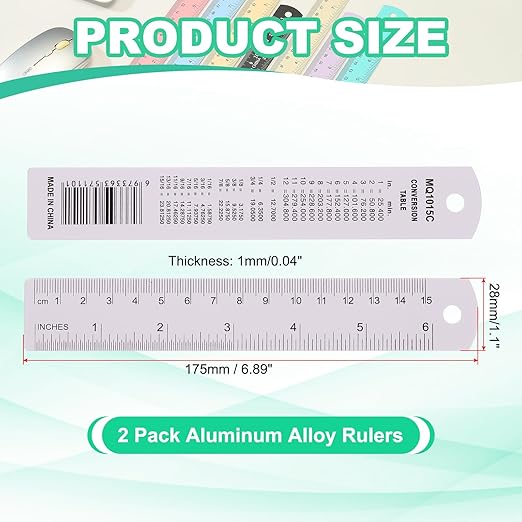 PATIKIL 15cm/6" Metal Ruler, 2 Pack Aluminum Alloy Rulers with Centimeters, Millimeters, Inches and Conversion Table Straight Edge Ruler for Writing Machinist Drafting, Purple