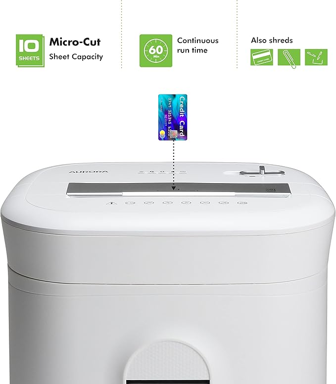 Aurora Professional Grade 10-Sheet High Security Micro-Cut Paper and Credit Card Shredder/ 60 Minutes/Security Level P-5, White