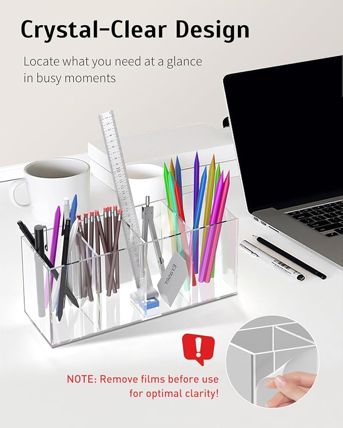 Uniclife Clear Acrylic Pen Holder for Desk, Plastic Pencil Holder Pen Organizer with 4 Compartments, Desktop Stationery Organizer for Office Home School, Vertical Makeup Brush Holder, 9" x 3" x 4"