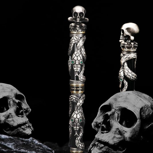 Jinhao Black Snake Fountain Pen Fine Nib with Skull Head Solid Metal