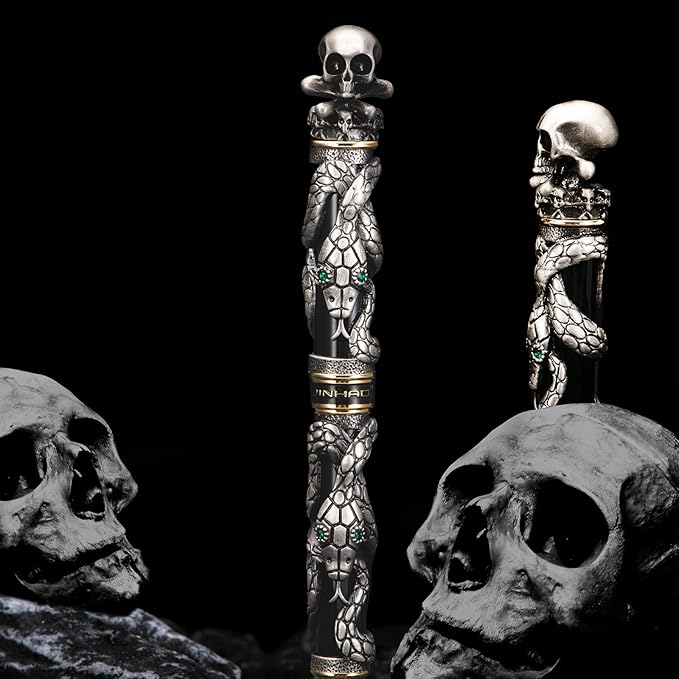 Jinhao Black Snake Fountain Pen Bent Nib Fude Pen with Skull Head Solid Metal