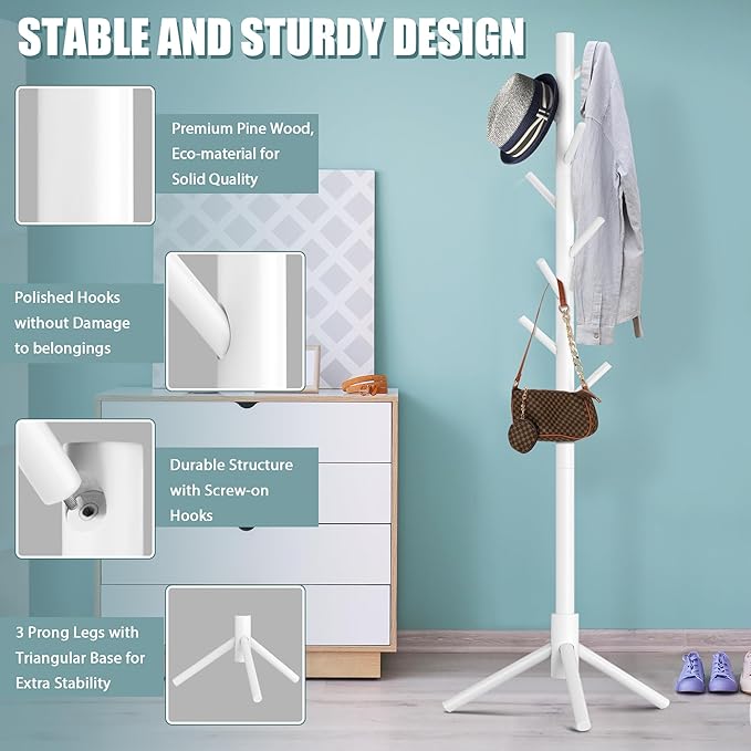 Haddockway Wooden Coat Rack Stand with 8 Hooks New Zealand Pine 3 Adjustable Coat Standing Tree Easy Assembly for Coats, Hats, Scarves and Handbags for Entryway, Hallway, Bedroom, Office, white