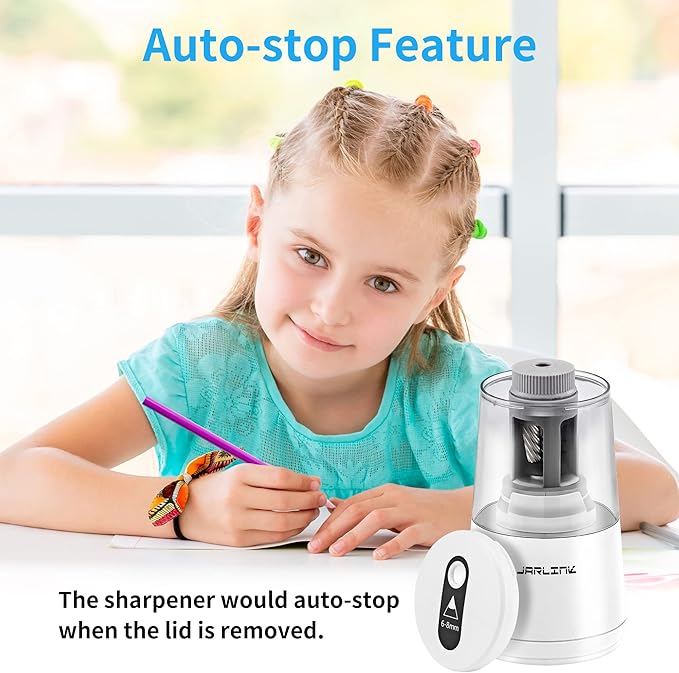 JARLINK Electric Pencil Sharpener, Heavy-Duty Helical Blade to Fast Sharpen, Auto Stop for No.2/Colored Pencils(6-8mm), AC Adapter/Battery Operated in School Classroom/Office/Home (White)