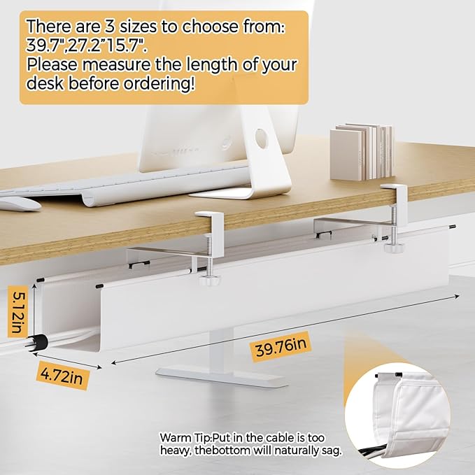 Under Desk Cable Management Tray 39.7" - No Drill Computer Wire Organizer Cable Tray, Cord Hider Clamp Mount with 16X Cable Ties PC Cables Management Cord Holder for Office/Home (Upgrade Fabric,White)
