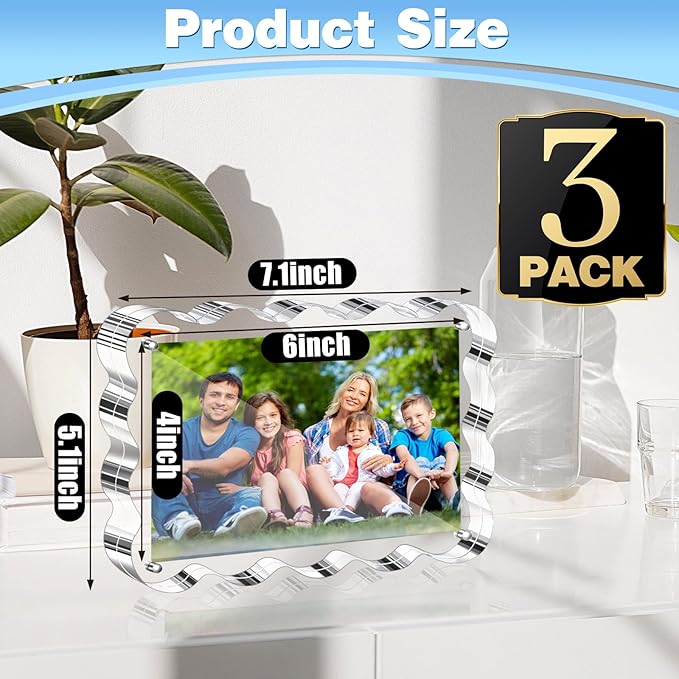 Aheroi Acrylic Picture Frames, 3 Pack 4x6 Clear Scalloped Photo Frame Freestanding Magnetic Double Sided Picture Frames, Transparent Thickened Frameless Acrylic Sign Holder, No Instal
