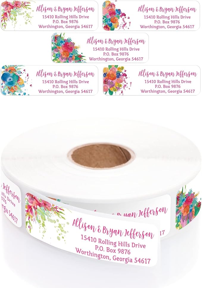 Bright Watercolor Floral Rolled Address Labels / 5 Vibrant Flower Bouquet Designs/Roll of 500 Personalized Address Labels/Designer Return Address Stickers in Elegant Plastic Dispenser