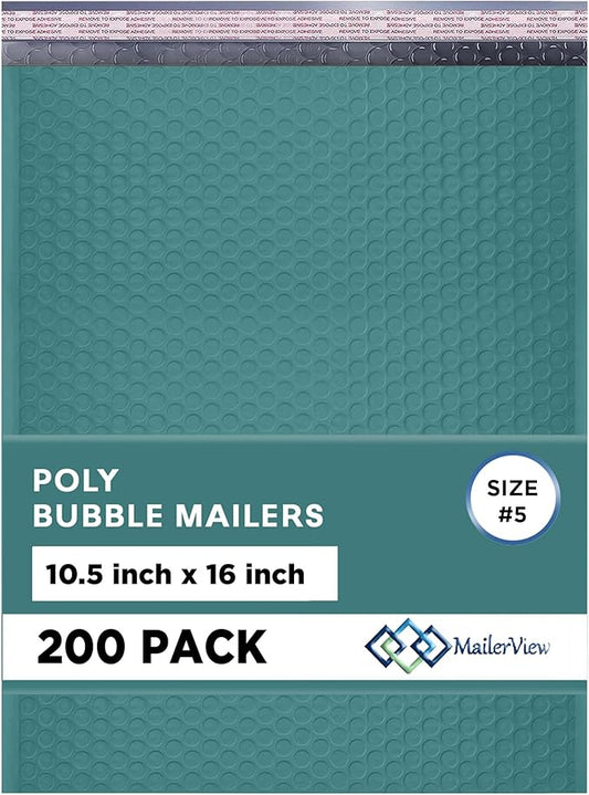 Green 10.5x16 Inch Large Poly Bubble Mailers #5 | Padded Envelopes with Self Seal | Air Lined Cushioned Bubble Mailer | Usable Size 10.5x15 | 200 Pack Bulk | Lightweight shipping Bags