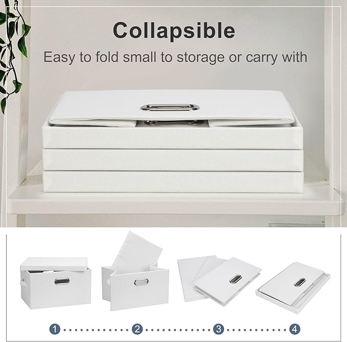 Medium 15" 21 Quart Collapsible Stackable Storage Bins with Lids, 1 Pack White Foldable Fabric Closet Storage Boxes with Lids, 4 Handles Heavy-duty Linen Cube Baskets for Bedroom