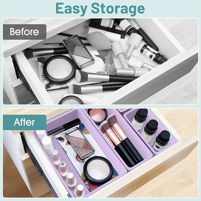 WOWBOX 25 PCS Plastic Drawer Organizer Set, 4 Sizes Desk Drawer Divider Organizers and Storage Bins for Makeup, Jewelry, Gadgets for Kitchen, Bedroom, Bathroom, Office, Purple