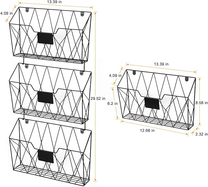 Hanging Wall File Holder Wall Mount Metal Wall File Organizer 3 Pockets Mail Organizer with Hooks for Office Home,Black