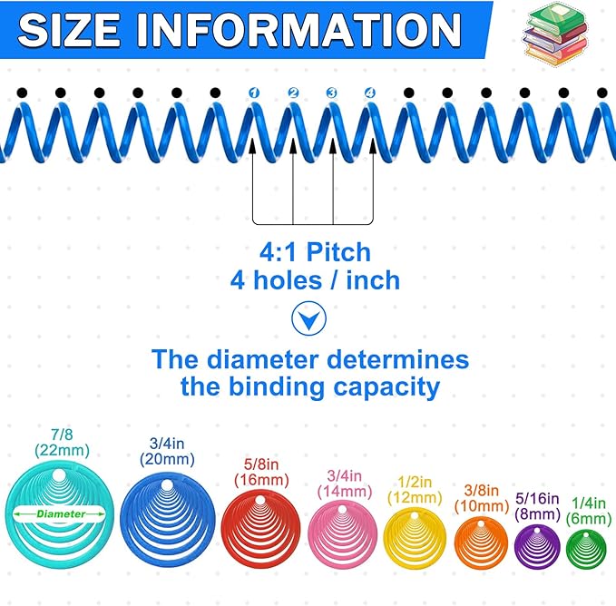 120 Pack Plastic Spiral Binding Coils Binder Binding Spirals Rings 8 Size Spiral Binding Wire Combs Spines Coils, 4:1 Pitch, 1/4 5/16 3/8 1/2 9/16 5/8 3/4 7/8 Inch (Multicolor)