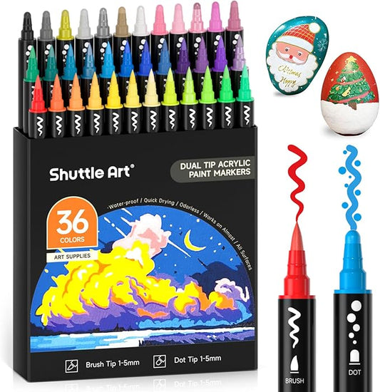 Shuttle Art 36 Colors Dual Tip Acrylic Paint Markers, Brush Tip and Dot Tip Acrylic Paint Pens for Rock Painting, Ceramic, Wood, Canvas, Plastic, Glass, Stone, Calligraphy, Card Making, DIY Crafts