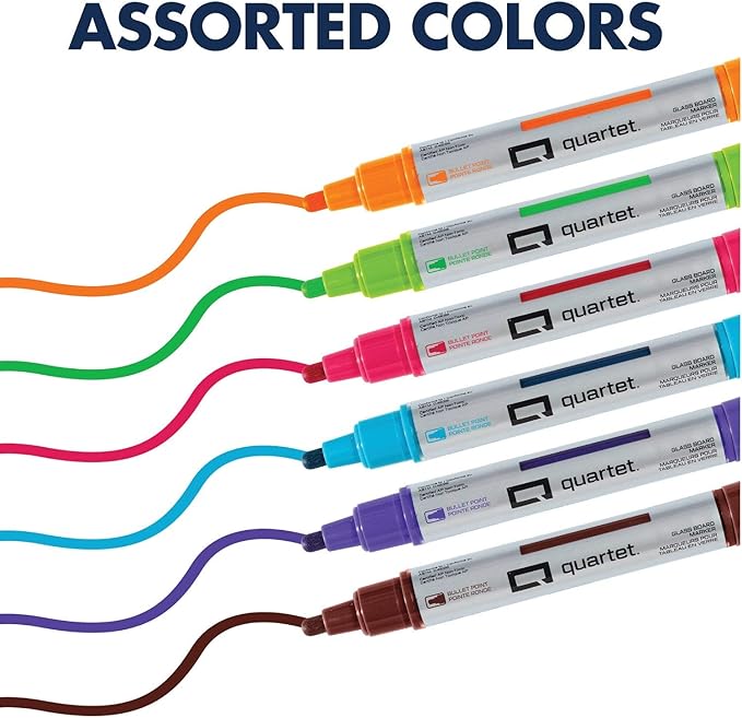 Quartet Glass Board Dry Erase Markers, Premium, Bullet Tip, Assorted Colors, 6 Pack (79556)