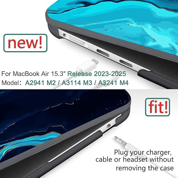 DONGKE Compatible with M4 MacBook Air 15 inch Case 2025 2024 2023 A3241 A3114 A2941 M3 M2 Liquid Retina Display Touch ID, Plastic Hard Case & Keyboard Skin & Screen Protector - Blue Marble