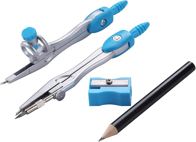 10 Pieces Math Geometry Kit Set Student Supplies with Shatterproof Storage Box,Includes Rulers,Protractor,Compass,Eraser,Pencil Sharpener,Lead Refills,Pencil,for School and Drawings（Blue）