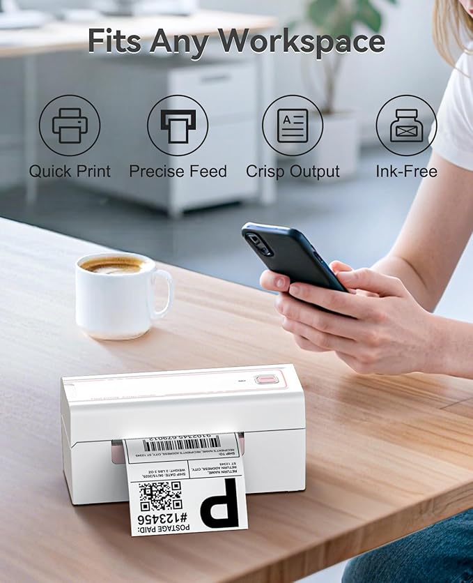 Bluetooth Thermal Label Printer, Wireless 4x6 Shipping Label Printer for Small Business, High-Speed Thermal Printer Compatible with Android, iOS & Windows for Amazon, Ebay, Shopify, USPS