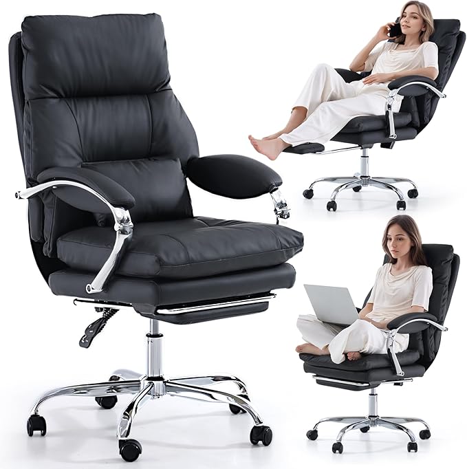 LEAGOO Reclining Office Chair with Foot Rest, Executive Office Chairs with Arms, Ergonomic High Back PU Leather Comfy Swivel Computer Desk Chairs with Wheels and Lumbar Support for Home Office, Black