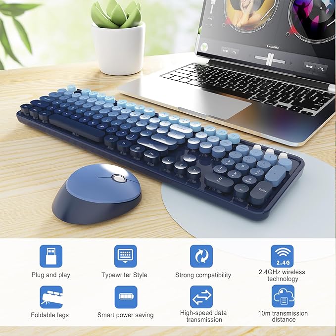 Wireless Keyboard and Mouse Combo, Ergonomic Full Size Typewriter Retro Round Keycaps Keyboard, Compatible with Windows, PC, Perfer for Home and Office Keyboards (Twilight Blue