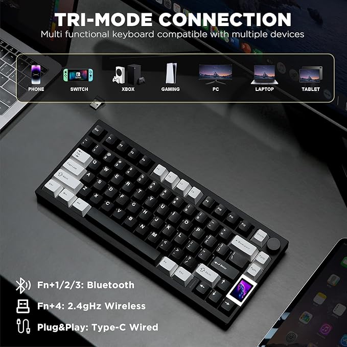 YUNZII AL80 Wireless Mechanical Keyboard,Full Aluminum CNC, Smart LCD Display,Hot Swappable Gasket Mount 75% Layout with Knob,BT/2.4G/USB-C,QMK/VIA Support for Win/Mac (Black, Gateron Zero Switch)