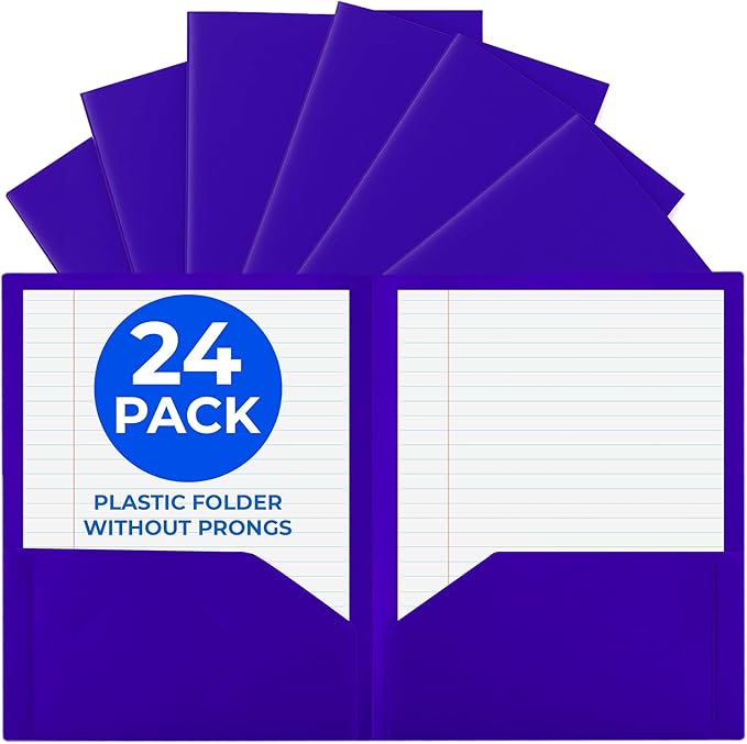 24 Pack Purple Plastic Folders with Pockets Heavy Duty. 2 Pocket Folder no Prongs Bulk. Tear-Resistant Letter Size 8.5x11. Presentation Ready School and Office Supplies