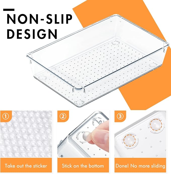HOUSE DAY Desk Drawer Organizer Bins 6 PCS, 9*6*2" Clear Drawer Organizers with Silicone Pads, Vanity Organizers and Storage, Non Slip Plastic Drawer Organizer for Makeup, Bathroom, Kitchen, Office