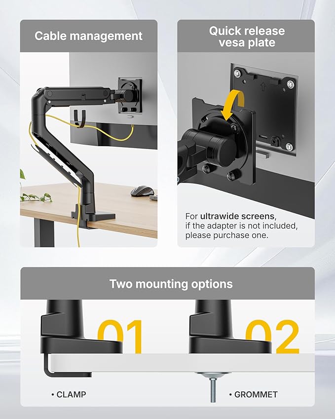 monTEK Heavy-Duty Monitor Arm for 17-57" Ultrawide Curved Screen, Supports up to 59.4 lbs, Adjustable Gas Spring Arm, 75/100 VESA Mount, Clamp & Grommet Desk Monitor Mount Single, Black