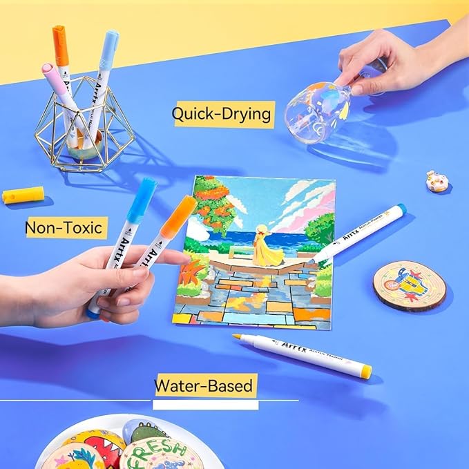 Arrtx Markers Paint Pens 60 Colors, Acrylic Paint Pens Brush Tip for Wood, Canvas, Stone, Rock Painting, Ceramic Surfaces, DIY Crafts Making Art Supplies-with Neon & Metallic & Regular Color