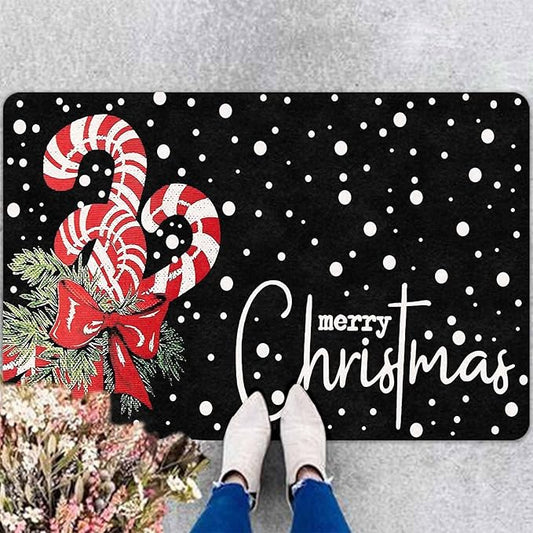Christmas Door Mat Entrance Decoration Christmas Candy Cane Welcome Mat Black Door Front Porch Rug for Outside Front Porch Entryway Decor, 16" x 24" Inch