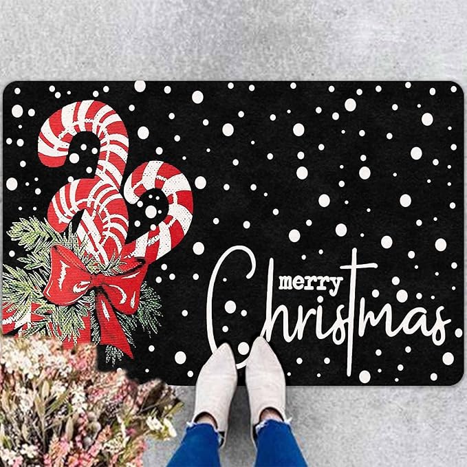 Christmas Door Mat Entrance Decoration Christmas Candy Cane Welcome Mat Black Door Front Porch Rug for Outside Front Porch Entryway Decor, 18" x 30"Inch