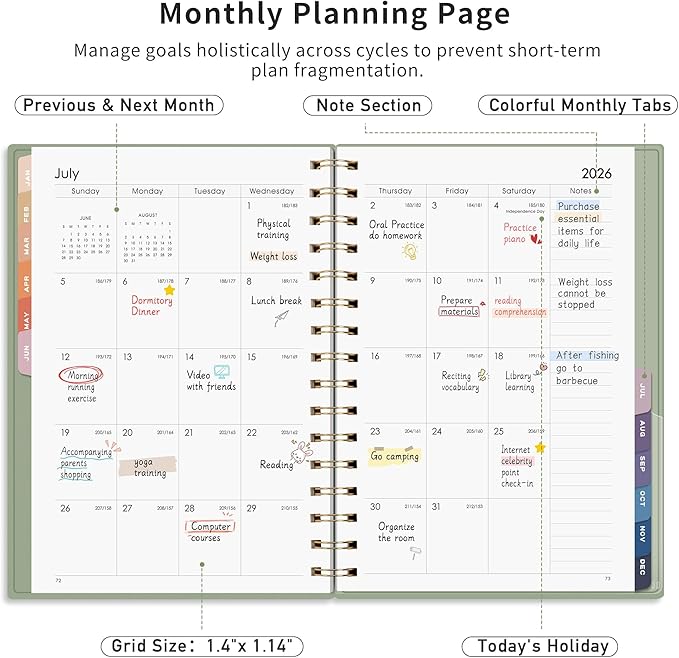 RETTACY 2026 Planner, Weekly and Monthly, Medium Size (5.7" x 8.3"), Jan - Dec 2026, Agenda, Calendar, 12 Month Tabs, Flexible Plastic Cover, 100 GSM Thick Paper, Spiral-bound (Light Green)