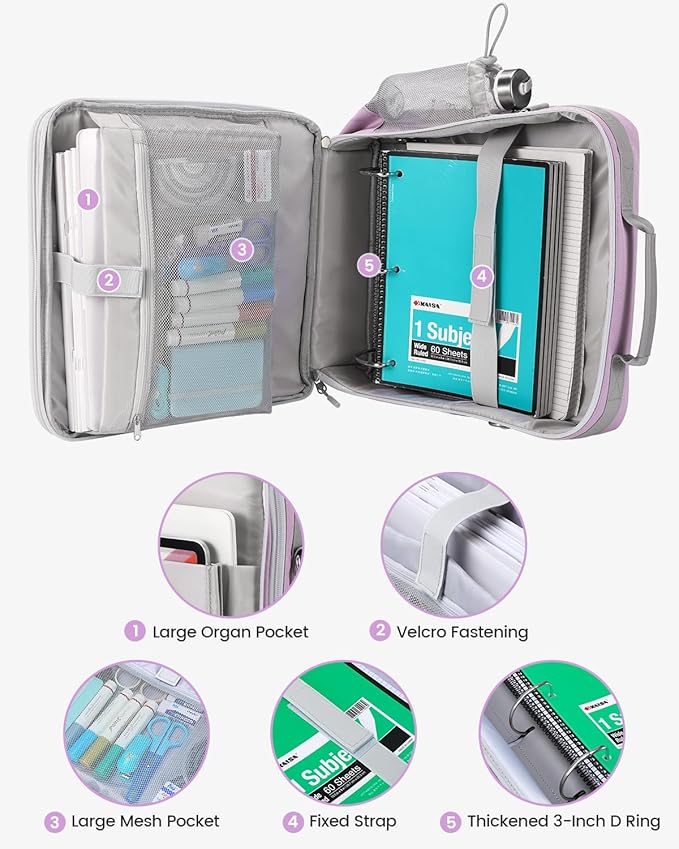 Zipper Binder, 3 Inch D-Ring 3 Ring with Water Bottle Holder,700 Sheet Capacity-Multiple Pockets,Binder with Strap for School/Office, Fit for 13" Tablet/Laptop,Patent Design-Purple