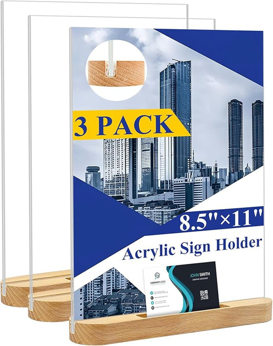 Arrobust 8.5 x 11 Acrylic Sign Holder Plastic Signs Display Holder T-Shape Double Sided Clear Flyer Stand Frames Wood Base With Business Card Holder Suitable for Menu Office Events Meeting,3 Pack