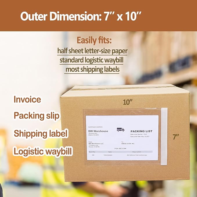BEUYI (500 Pcs) 2.5 Mil Premium 7" x 10" Clear Adhesive Shipping Label Sleeves,Packing Slip Documents Envelopes Pouches