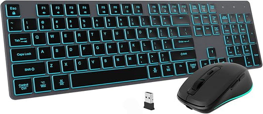 Backlit Wireless Keyboard and Mouse, Rechargeable Quiet Wireless Keyboard Mouse Combo, Jiggle Mouse, 2.4G Cordless USB Keyboard Slim Full Size for Apple iMac, MacBook, laptop and PC, Space Gray