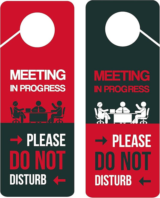 Business Design, Meeting In Progress Do Not Disturb Door Hanger Sign, 2 Pack, Double Sided, Ideal for Offices, Online Sessions and Meetings, Online Classes, Home Offices, Counseling