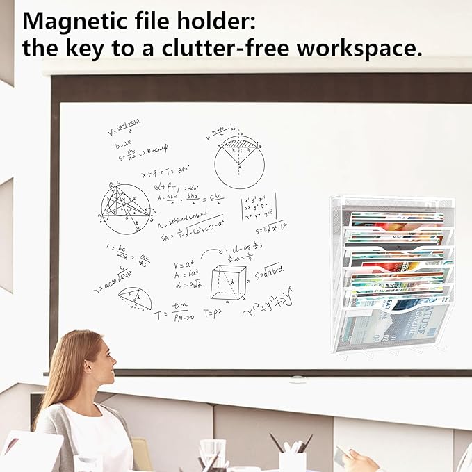 6 Tier Magnetic File Holder with Hook, Magnetic File Organizer Folder Holder, Wall File Organizer, Hanging Magnetic Paper Holder for File Cabinets, Office, Whiteboard, Magnetic Mail Holder