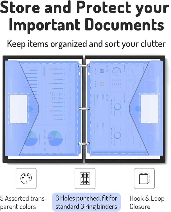 Forvencer Binder Pocket, 5 Pack Super Heavyweight Poly Binder Pocket with Tight Closure, Binder Folders Side Loading, 3 Ring, Binder Dividers with Pockets, Letter Size, Assorted Colors