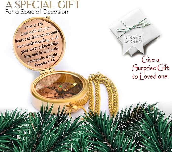 Trust in The Lord With All Your Heart - Proverbs 3:5-6 Quote Engraved Compass With Wooden Box, Greeting Card, Gift Compass, Graduation Day Gifts 2024 for Women Men Boys Girls