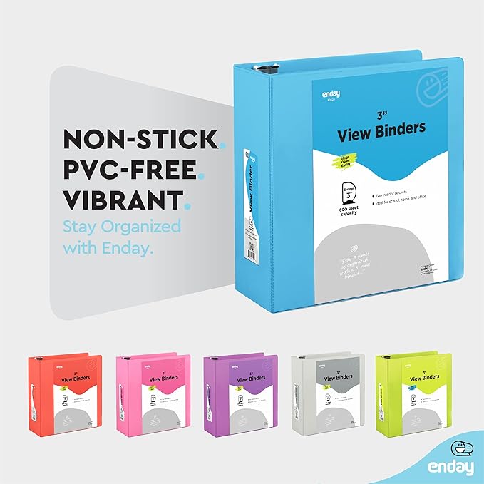 3 Slant D-Ring Binder 3 Inch Blue, 3 in Clear View Cover with 2 Inside Pockets Binder, Heavy Duty Colored School Supplies Binders,Also Available in Green, Grey, Purple, Red, Pink (12 PC) – by Enday