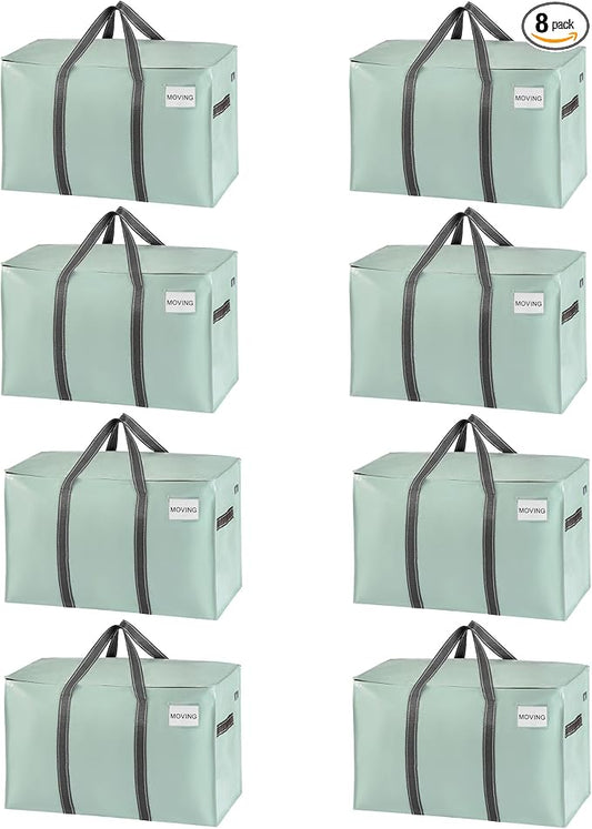 VENO 8 Pack Moving Bags, Heavy Duty, Moving Boxes Alternative, Packing Storage Supplies for Dorm Room Essentials with Zipper for Clothes, Extra Large Totes for Packaging (Shiny Light Green, 8 Pack)