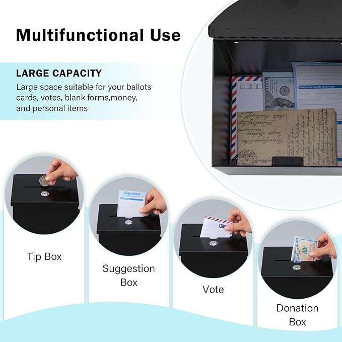 xydled Wall Mounted Ballot & Donation Box with 50 Suggestion Cards, Metal Suggestion Box with Key Lock, Collection Box, Black, 8.7"x 5.9"x7.1"