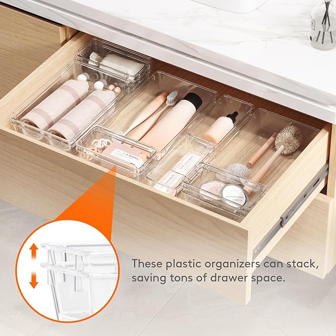 Lifewit 12 Pcs Large Bathroom Drawer Organizers, 3 Sizes Clear Plastic Storage Organizer Trays for Make Up, Kitchen Utensils, Vanity Accessories in Bathroom/Office/Dresser Organization